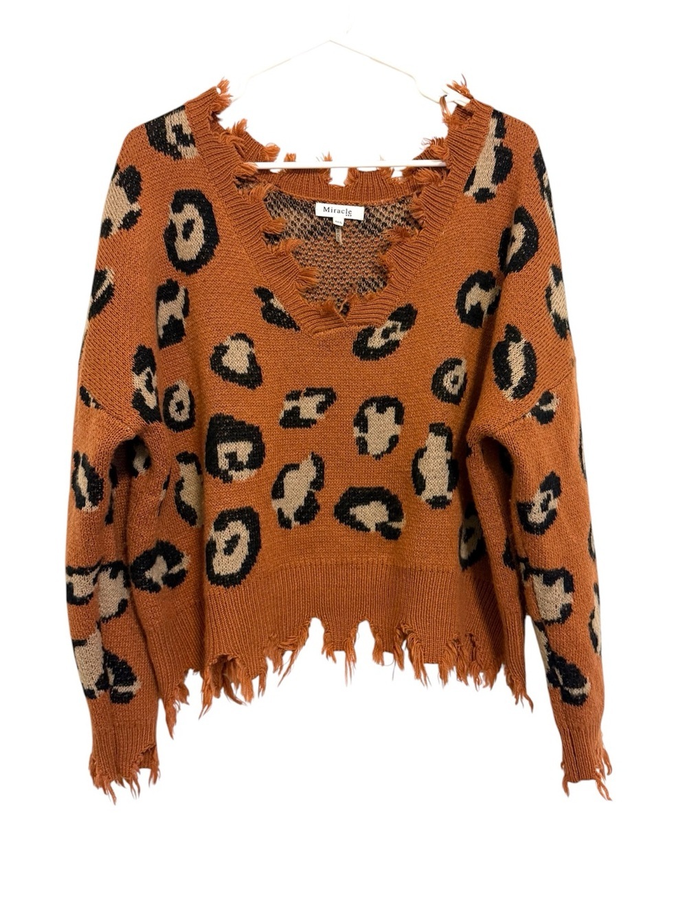 Miracle USA Distressed Leopard Print Sweater M/L Oversized Boho Grunge Knit